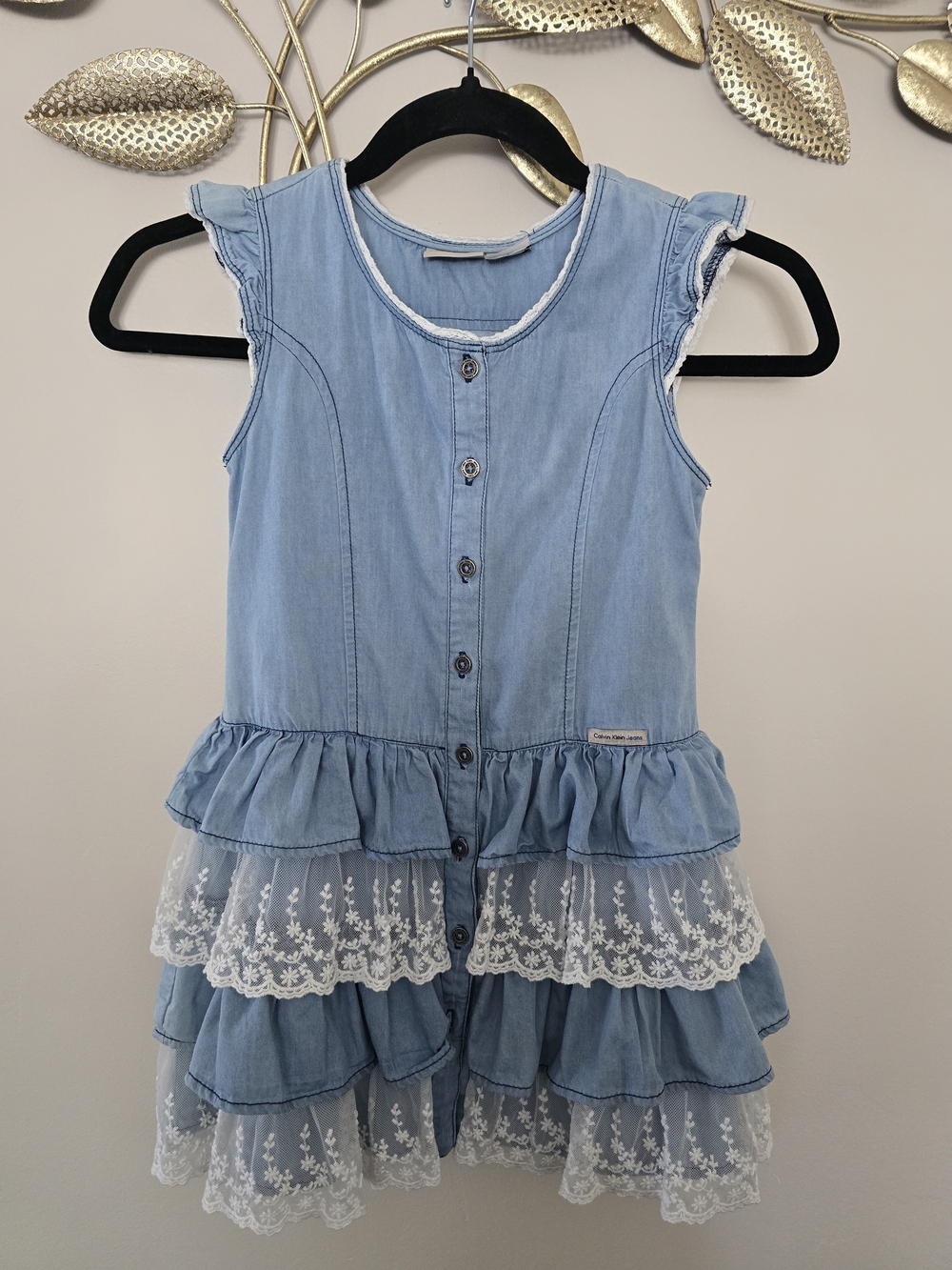 Light Blue Girls' Tiered Lace Denim Dress Sz 7 y.o.